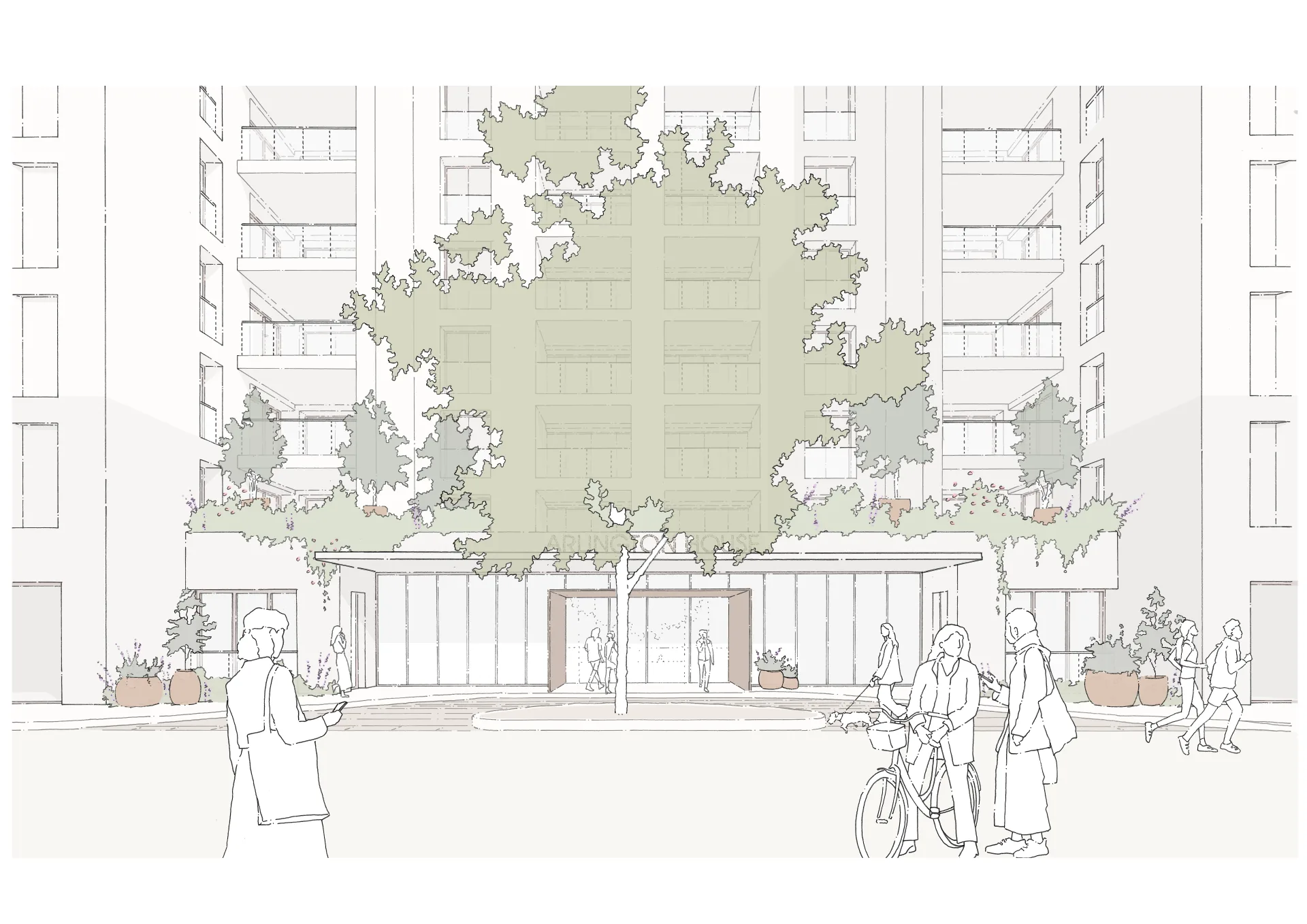 Concept sketch of the proposed Arlington House entrance on Arlington Street, with a planted canopy, mature trees and people passing on the pavement.