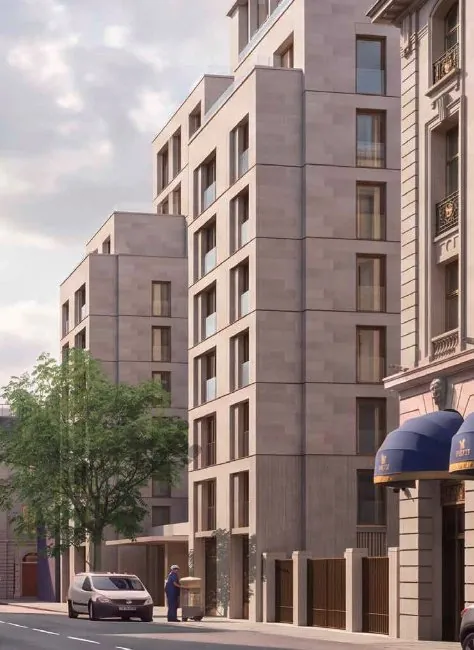 Proposed view along Arlington Street: a stone-clad building with recessed upper floors and a new street tree, beside the Ritz Hotel.