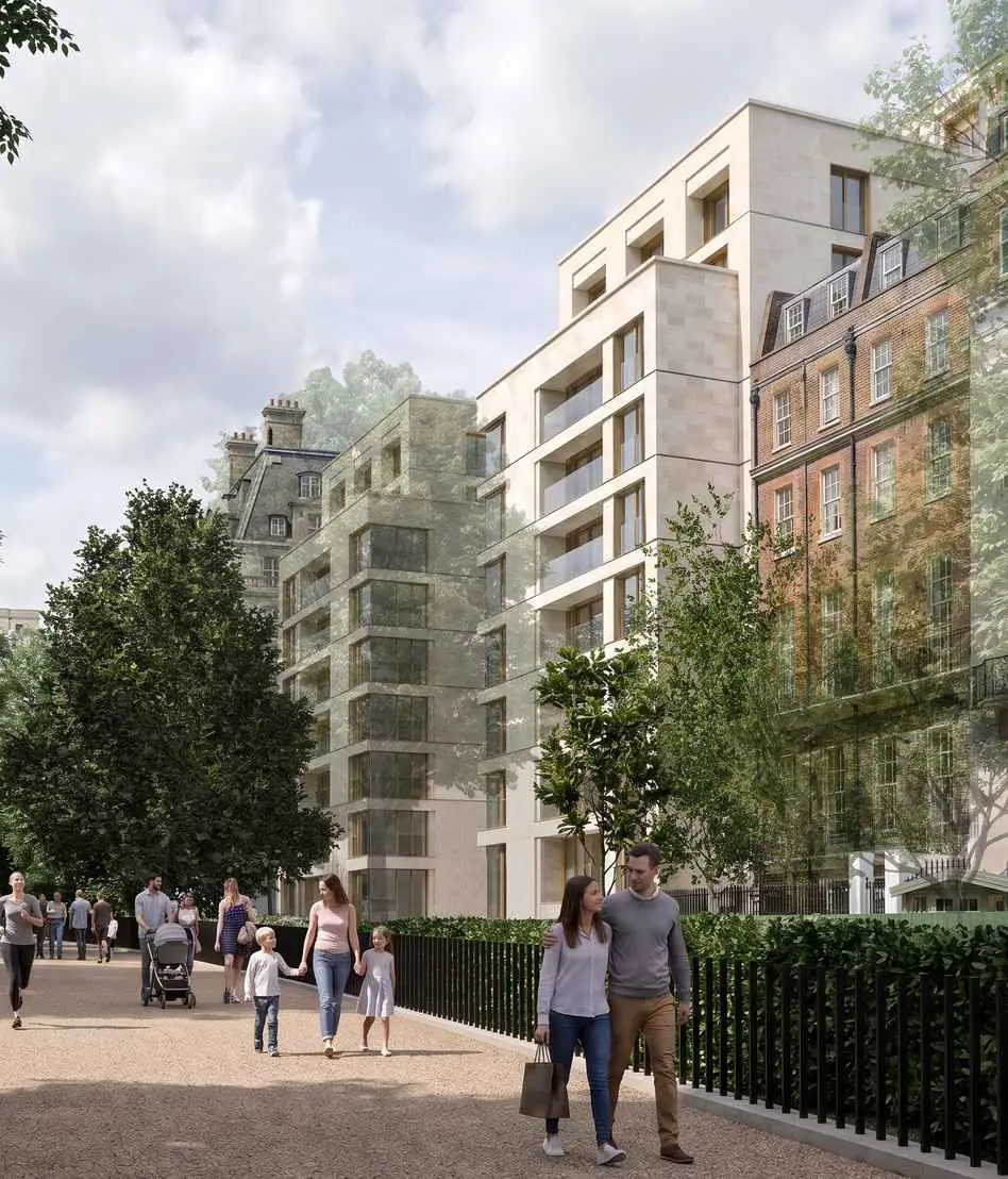 Proposed view from Queen’s Walk in Green Park: a stone building with planted balconies seen above the park railings, with people walking beneath the trees.